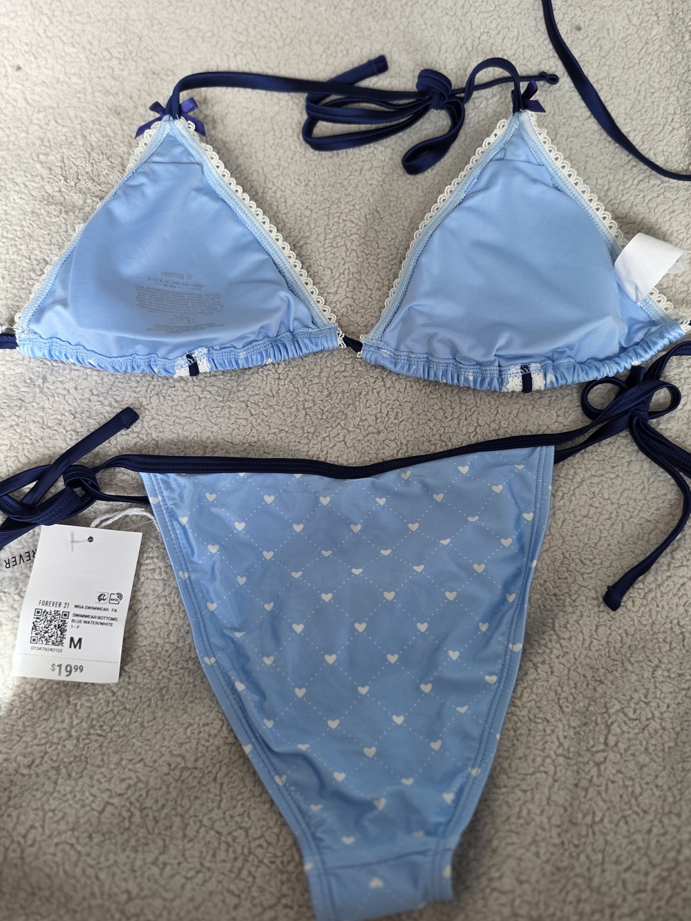 NWT Forever 21 Blue Heart Print Triangle Bikini with Navy Ties Top XL / Btm M - Picture 4 of 6
